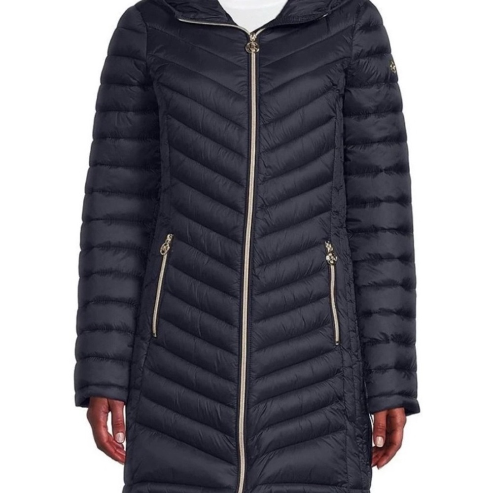 Michael Kors Black hooded Puffer Jacket with Gold Accents